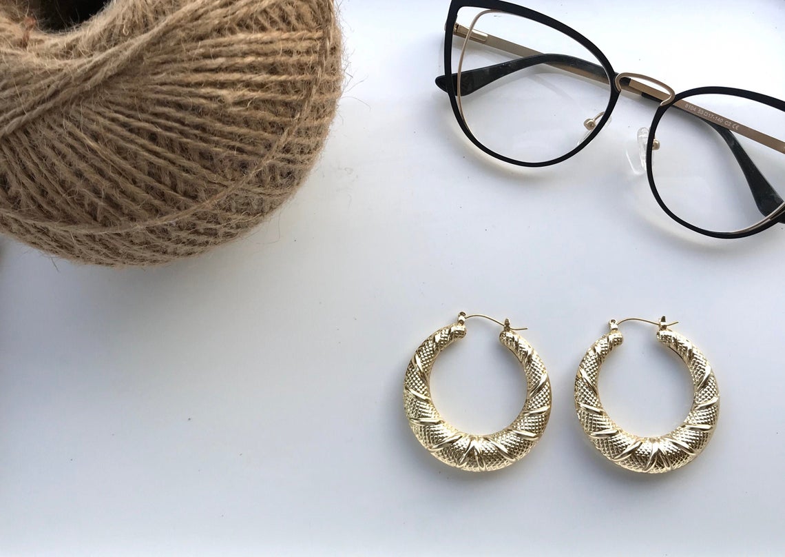 14k Gold Filled Vintage Gold Twisted Hoops Style 1.5,2,2.5 inches - Croissant Hoop Earrings, Chunky Statement Hoops Fashion Accessories 90s - Image 2