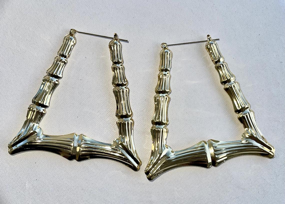 2.5 &  3.5 inch Large Triangle Bamboo Earrings - Gold Bamboo Style - 2.5 inch 80s 90s Inspired - Image 2