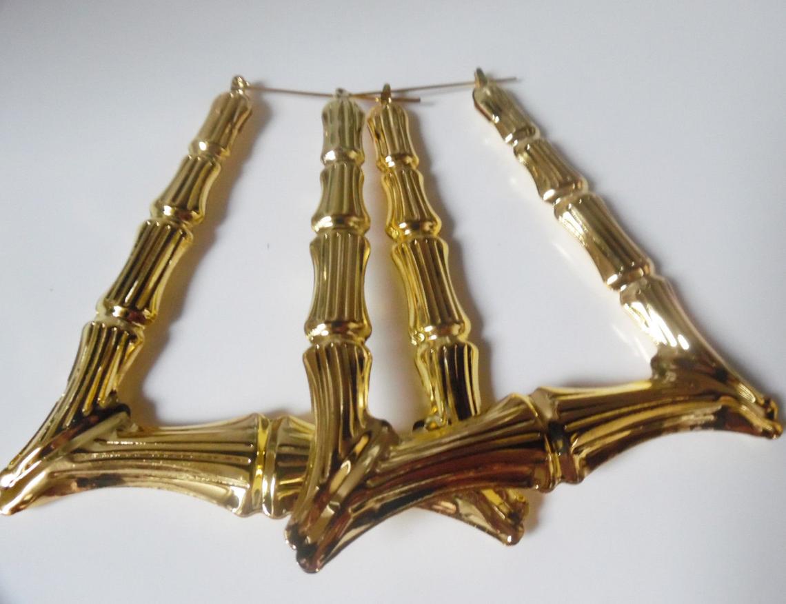 2.5 &  3.5 inch Large Triangle Bamboo Earrings - Gold Bamboo Style - 2.5 inch 80s 90s Inspired