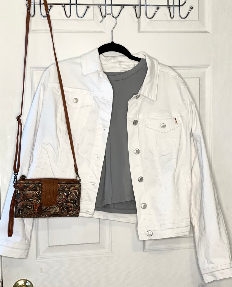 Vintage America Women's Classic Stretchy & Comfortable Fitted Basic White Denim Jacket - Image 9
