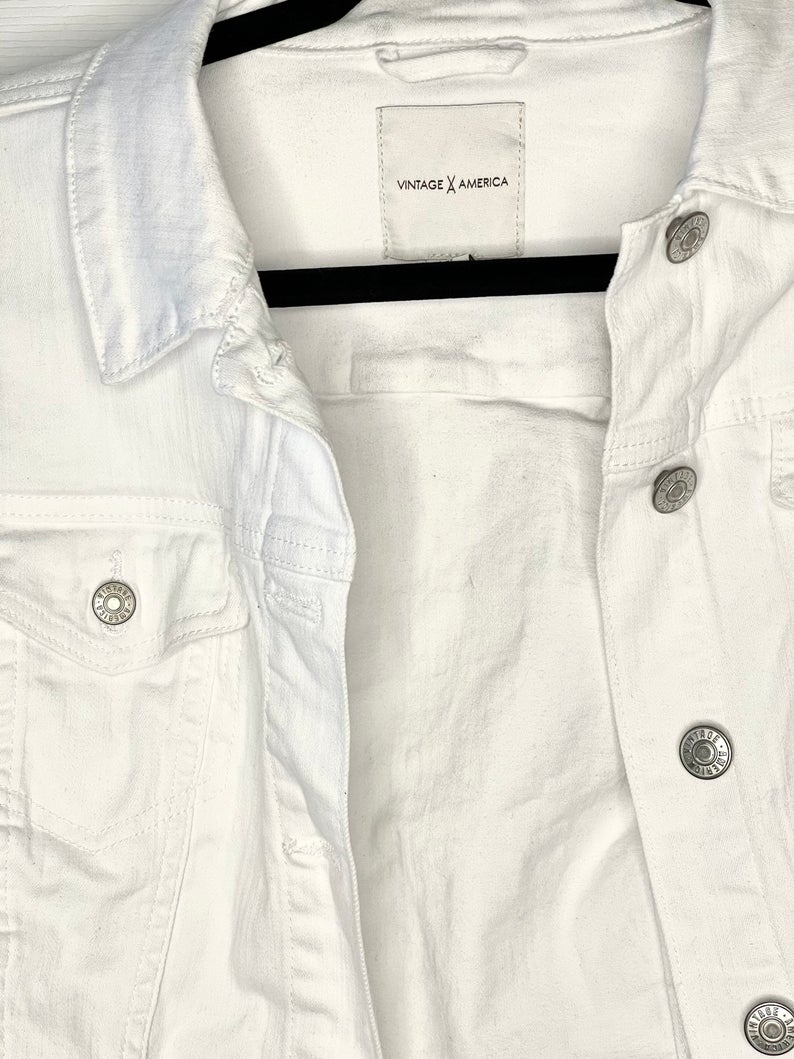 Vintage America Women's Classic Stretchy & Comfortable Fitted Basic White Denim Jacket - Image 8